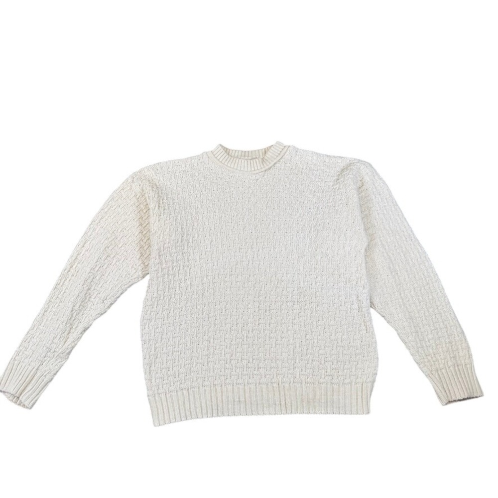 Puritan Mens Cream Basketweave Knit Crewneck Sweater Off White L